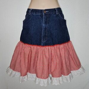 Seattle Blues Denim Gingham Plaid Ruffle Tiered Midi Skirt‎